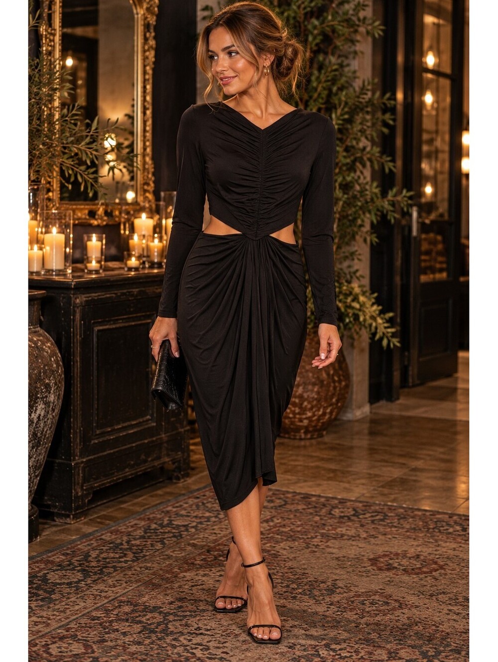 NWT Bailey 44 Ornella Ruched Cutout Midi Dress Womens M Draped Waist Evening